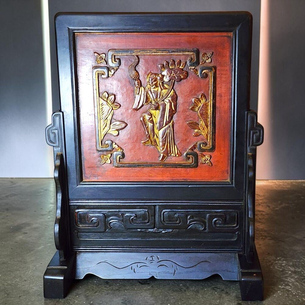 Chinese Style Wood Table Screen Figural Man Flower Red Gold Decorative Art 18"